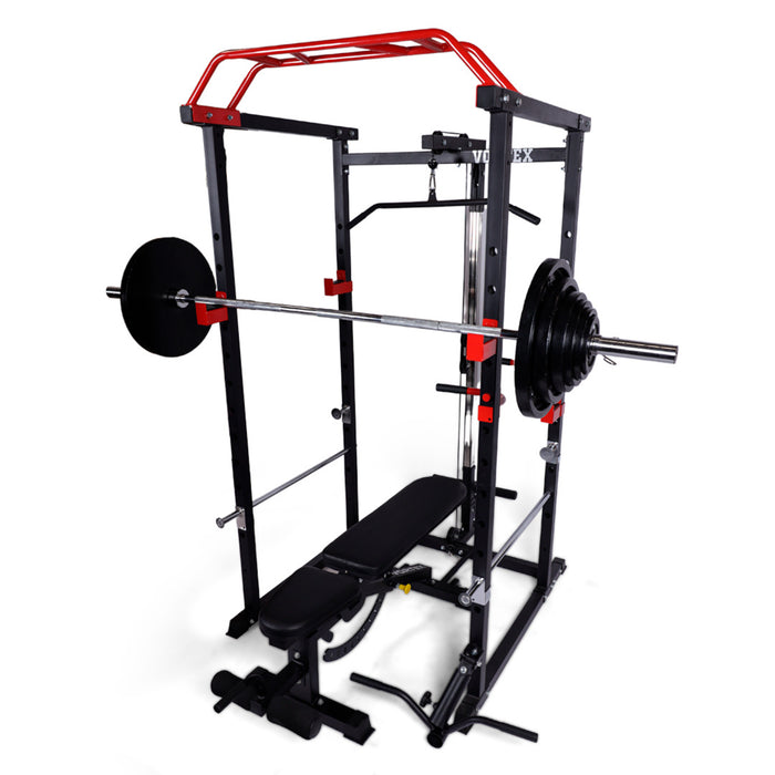 Vortex Strength Red and Black Cage + Olympic barbell + Olympic weight plate Set + Adjustable Bench